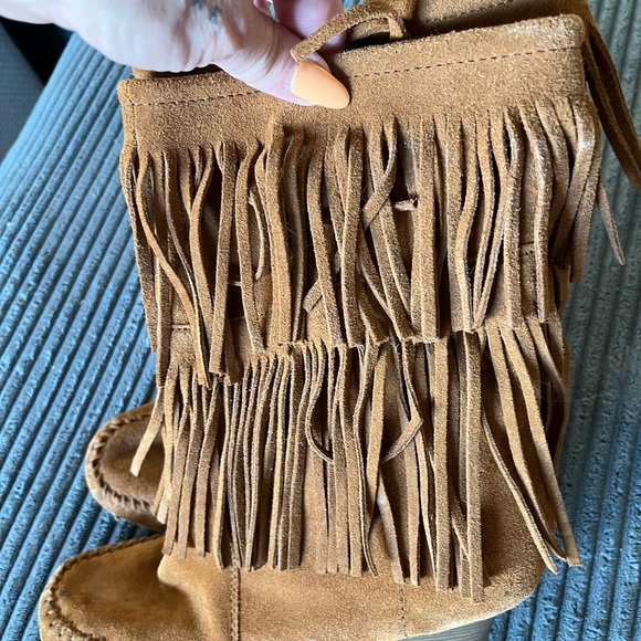 Fringe Genuine Leather Suede Wedge Boots - Tan - Picture 3 of 6